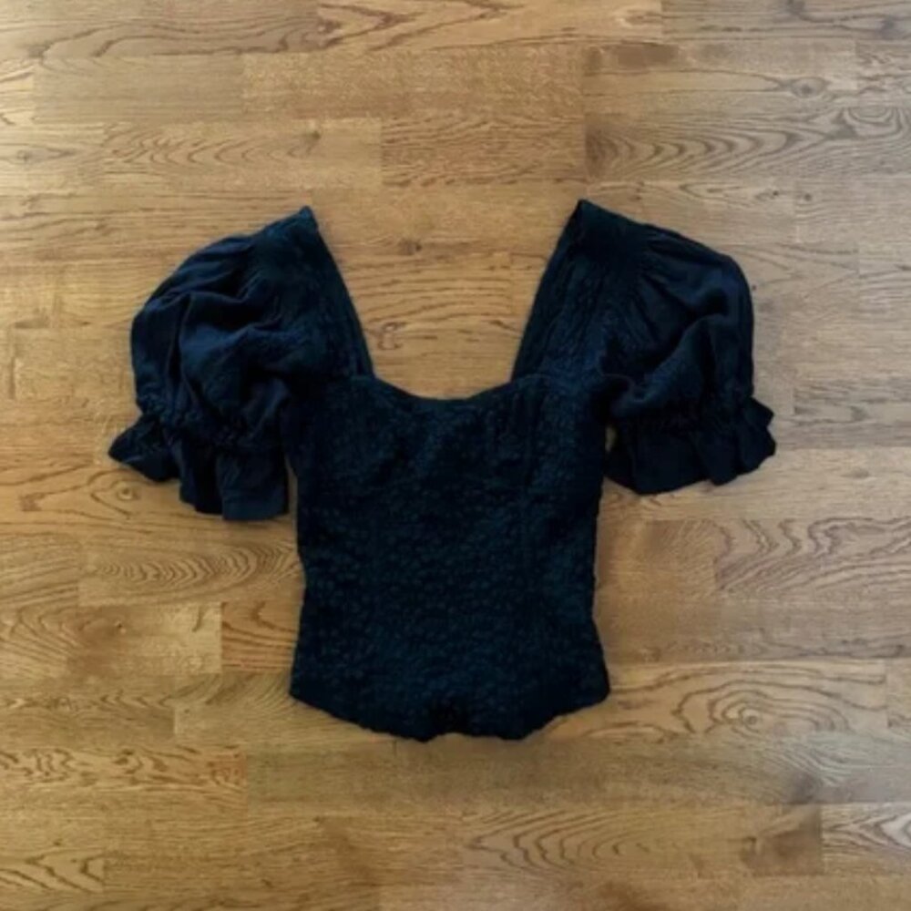 free people spring fling black blouse peasant puff sleeve sweetheart neck lace